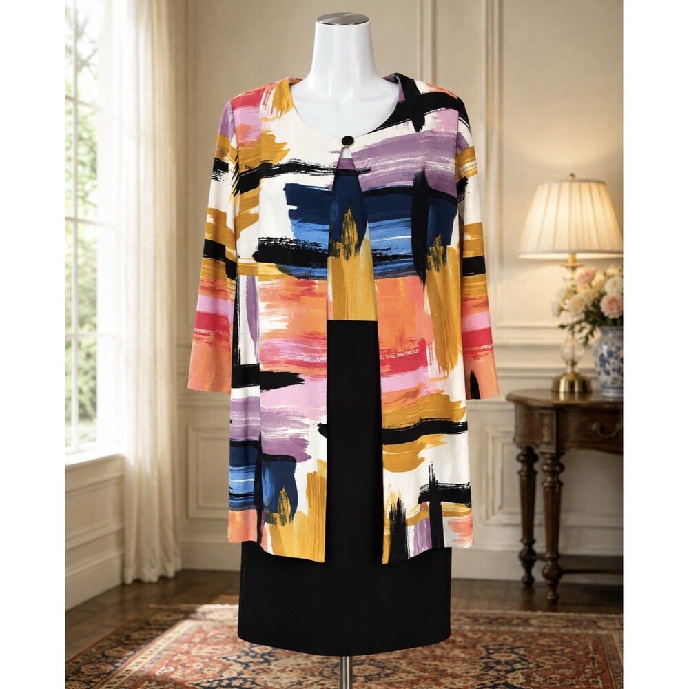 Unbranded 2 Pc Jacket Dress Abstract Brushstroke Stretch Sheath Size 16
